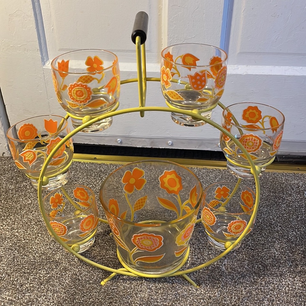 Vintage MCM Culver Ferris Wheel Barware 6 Glasses/Icebucket  Glassware Retro Mod